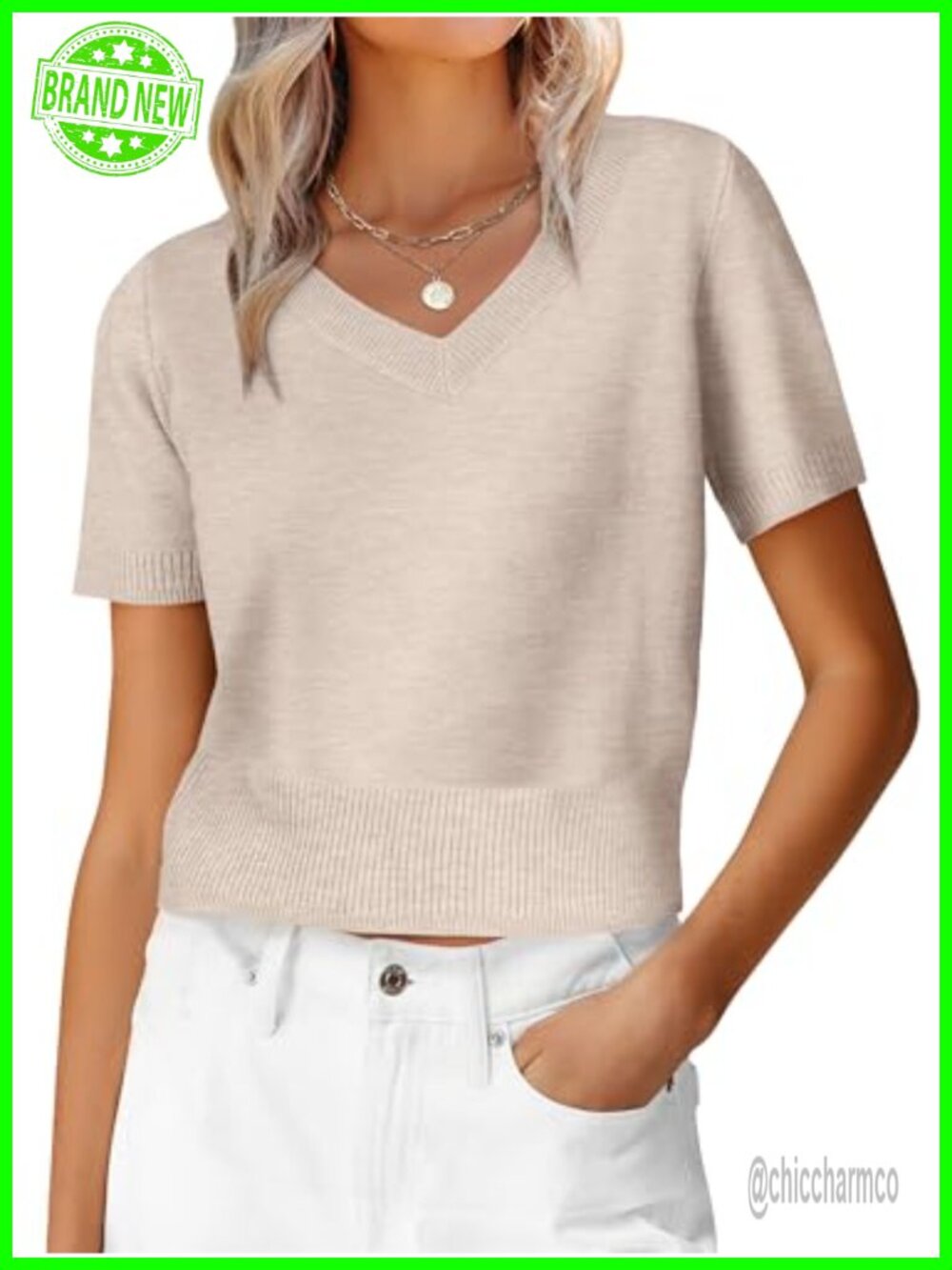 Women's Short Sleeve Cropped V Neck Sweater Ribbed Knit Pullover